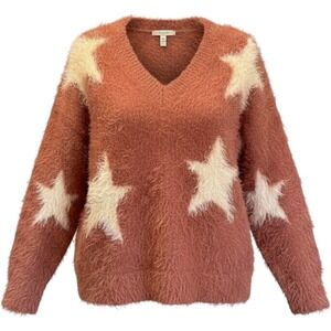 Lush Womens Star Print Eyelash Knit V-Neck Sweater Mulberry‎ LT13628-GI Medium